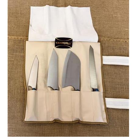 EL YAPIMI YERLİ ÜRETİM KORUMA ÇANTALI, VERZALİT KABZELİ 4’LÜ PROFESYONEL ŞEF BIÇAĞI SETİ KOD:CKR697