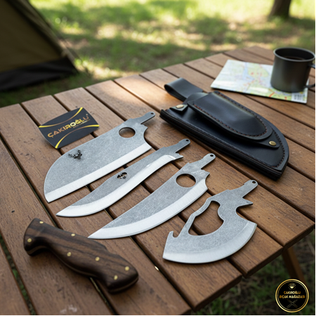 El Yapımı Tamamen Yerli Üretim Tek Deri Kılıfta 4’ü Bir Arada Sök Tak Avcı Av Kamp Seti