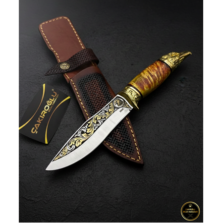 El Yapımı Özel Üretim N690 Böhler Çelik 24 Ayar Altın İşlemeli Kartal Başlı Av Bıçağı Ckr821-02