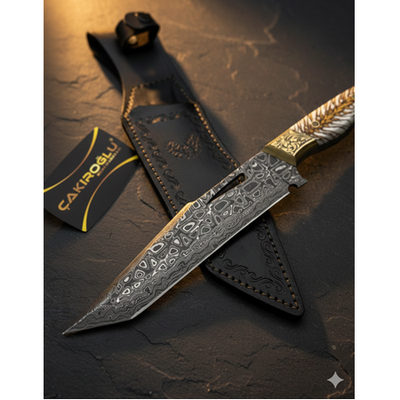 EL YAPIMI ÖZEL SERİ “BUZ SERİSİ” DAMASCUS ÇELİK GRAVÜR ÖNLÜKLÜ TANTO AV KAMP BIÇAĞI KOD:CKR613-08