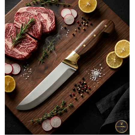 El Yapımı Yerli Üretim Paslanmaz Çelik Kök Ceviz Kabzeli Pirinç Balçaklı Deri Yüzme Bıçağı Ckr869