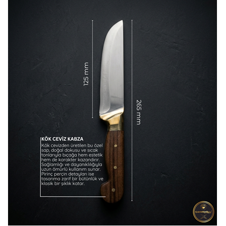 El Yapımı Yerli Üretim Paslanmaz Çelik Kök Ceviz Kabzeli Pirinç Balçaklı Deri Yüzme Bıçağı Ckr869
