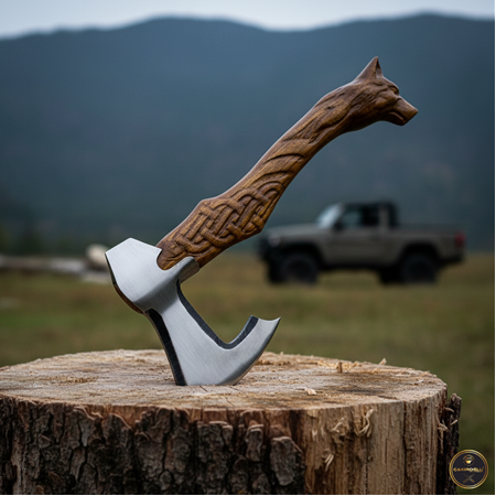 EL YAPIMI TAMAMEN ÜST DÜZEY ÖZEL EL İŞÇİLİĞİ KURT BAŞLI AVCI AV KAMP BALTASI KOD:CKR105