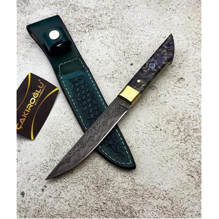 EL YAPIMI YERLİ ÜRETİM DAMASCUS ÇELİK STABİLİZE KABZELİ PİRİNÇ BALÇAKLI AV KAMP BIÇAĞI KOD:CKR799