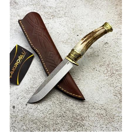 EL YAPIMI YERLİ ÖZEL ÜRETİM N690 BÖHLER ÇELİK GEYİK BOYNUZU KABZELİ AV KAMP BIÇAĞI KOD:CKR810-02