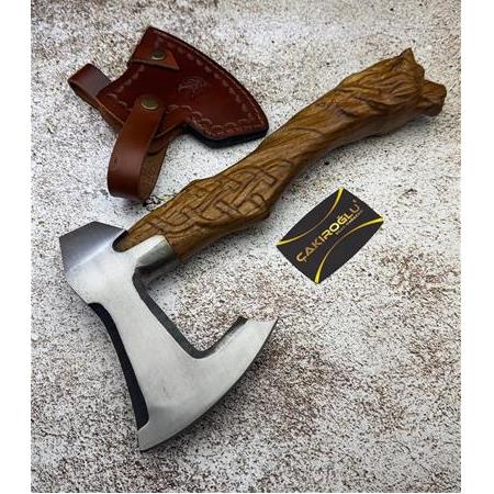 EL YAPIMI TAMAMEN ÜST DÜZEY ÖZEL EL İŞÇİLİĞİ ASLAN BAŞLI AVCI AV KAMP BALTASI KOD:CKR106