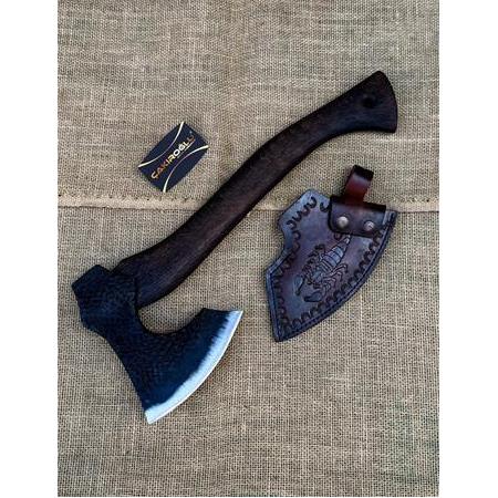 EL YAPIMI ÖZEL ÜRETİM 60ST YÜKSEK MANGANLI DÖVME ÇELİK DERİ KILIFLI AVCI AV KAMP BALTASI KOD:CKR654