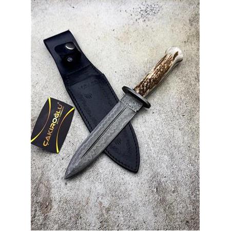 EL YAPIMI YERLİ ÖZEL ÜRETİM DAMASCUS ÇELİK GEYİK BOYNUZU KABZELİ OLUKLU (HANÇER) KAMA KOD:CKR644-02