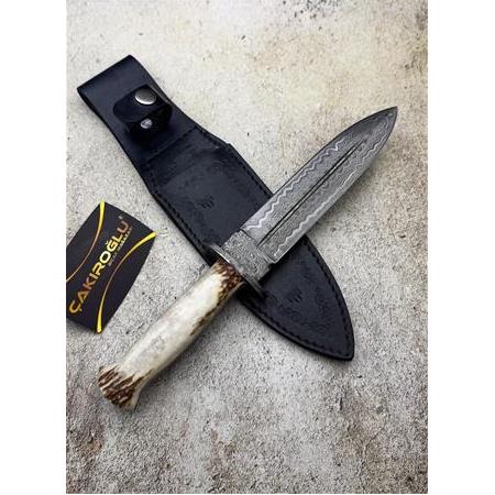 EL YAPIMI YERLİ ÖZEL ÜRETİM DAMASCUS ÇELİK GEYİK BOYNUZU KABZELİ OLUKLU (HANÇER) KAMA KOD:CKR644-02