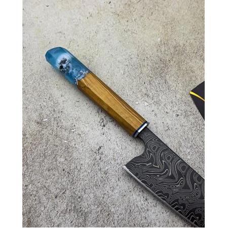 EL YAPIMI DAMASCUS ÇELİK ZEYTİN AĞACI VE EPOKSİ KABZELİ SANTOKU ŞEF AŞÇI BIÇAĞI KOD:CKR717