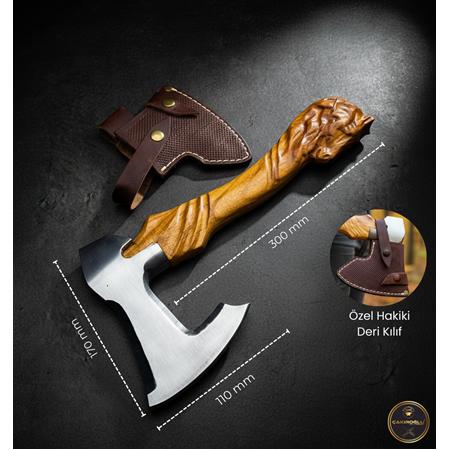 EL YAPIMI TAMAMEN ÜST DÜZEY ÖZEL EL İŞÇİLİĞİ AT BAŞI TASARIMLI AVCI AV KAMP BALTASI KOD:CKR516