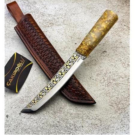 EL YAPIMI ÖZEL ÜRETİM 14 AYAR ALTIN İŞLEMELİ N690 BÖHLER ALTIN TOZU DOLU MİKA KABZE TANTO AV BIÇAĞI