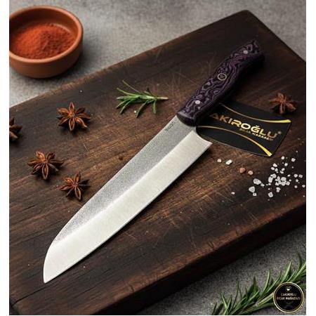 El Yapımı Yerli Üretim N690 Böhler Santoku Model Mikarta Kabzeli Şef Aşçı Bıçağı Ckr834-03