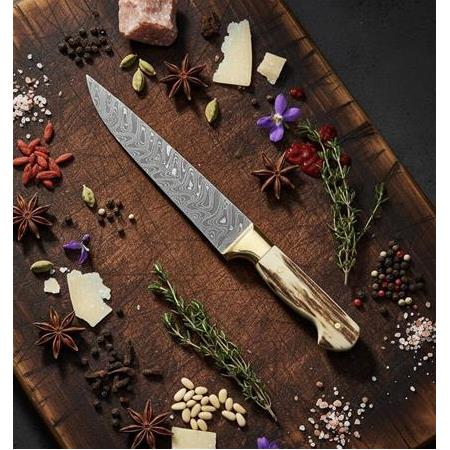 EL YAPIMI ÜST DÜZEY ÖZEL ÜRETİM DAMASCUS ÇELİK GEYİK BOYNUZU KABZELİ KURBAN KESİM BIÇAĞI KOD.CKR830