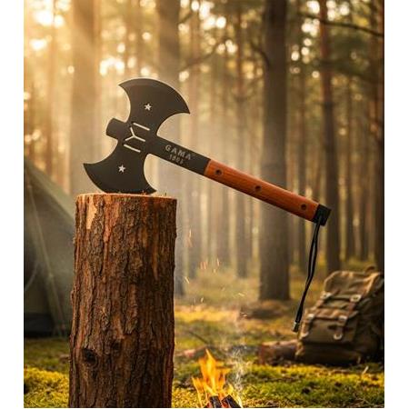 EL YAPIMI YERLİ ÜRETİM GAMA 1005 SERİ DÖVME KARBON ÇELİK ÇİFT AĞIZLI AVCI AV KAMP BALTASI KOD:CKR776