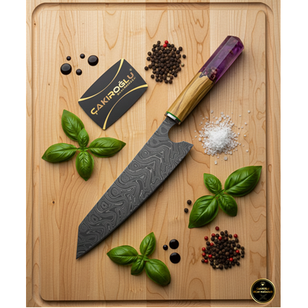 EL YAPIMI DAMASCUS ÇELİK ZEYTİN AĞACI VE EPOKSİ KABZELİ KİRİTSUKE ŞEF AŞÇI BIÇAĞI KOD:CKR717-02