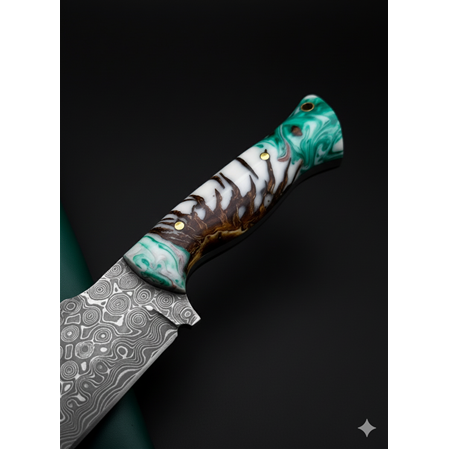 EL YAPIMI ÖZEL ÜRETİM DAMASCUS ÇELİK, BUZ SERİSİ EPOKSİ KABZELİ AV KAMP BIÇAĞI KOD:CKR3020-12