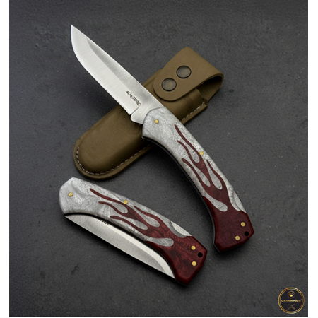 El Yapımı Yerli Üretim Ateş Serisi Alev Tasarımlı Epoksi Kabzeli Kilit Mekanizmalı Av Kamp Çakısı