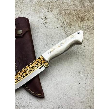 EL YAPIMI ÖZEL ÜRETİM N690 BÖHLER 14 AYAR ALTIN KAPLAMA VE GEYİK BOYNUZU KABZELİ AVCI AV KAMP BIÇAĞI