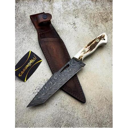 EL YAPIMI ÖZEL ÜRETİM DAMASCUS (ŞAM) ÇELİĞİ GEYİK BOYNUZU KABZELİ TANTO AV KAMP BIÇAĞI KOD:CKR613-03