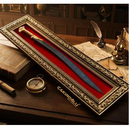 EL YAPIMI PREMİUM ÜST DÜZEY GOLD SERİSİ TABLOLU DAMASCUS ÇELİK BÜYÜK YATAĞAN PALASI KOD:CKR653-02