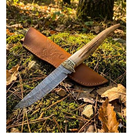 EL YAPIMI ÖZEL ÜRETİM DAMASCUS ÇELİK, GEYİK BOYNUZU KABZELİ KOLEKSİYONLUK KAMP BIÇAĞI KOD:CKR832