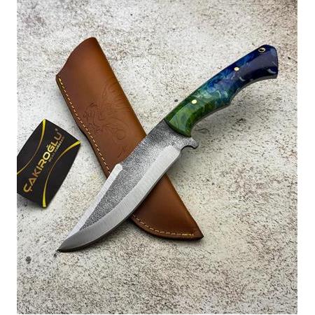 EL YAPIMI YERLİ ÜRETİM DÖVME ÇELİK EPOKSİ KEHRİBAR KABZELİ AVCI AV KAMP BIÇAĞI KOD:CKR634-08