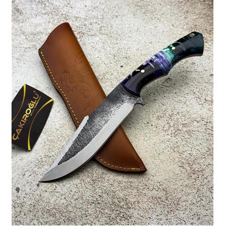 EL YAPIMI YERLİ ÜRETİM DÖVME ÇELİK EPOKSİ KEHRİBAR KABZELİ AVCI AV KAMP BIÇAĞI KOD:CKR634-07