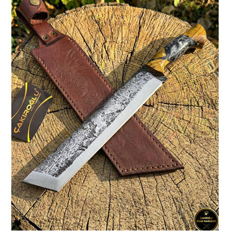 EL YAPIMI ÖZEL ÜRETİM TANTO MODEL EPOKSİ HİBRİT KABZELİ SALLAMA AV KAMP BIÇAĞI KOD:CKR259-03