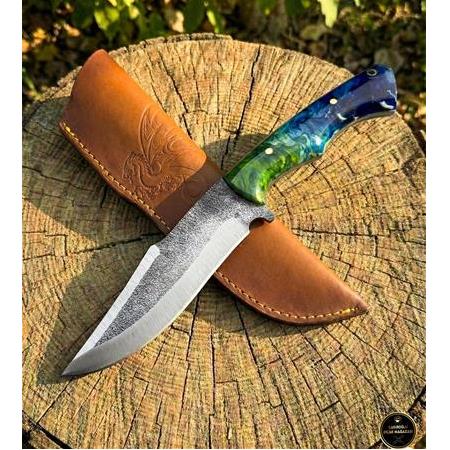 EL YAPIMI YERLİ ÜRETİM DÖVME ÇELİK EPOKSİ KEHRİBAR KABZELİ AVCI AV KAMP BIÇAĞI KOD:CKR634-08