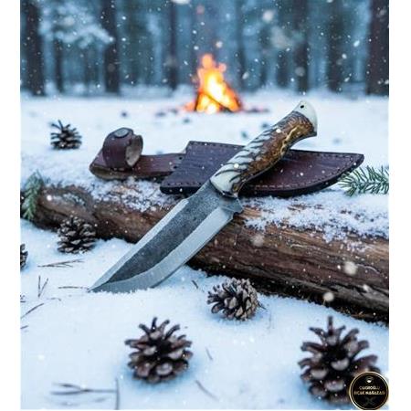 EL YAPIMI ÖZEL ÜRETİM DÖVME ÇELİK EPOKSİ BUZ SERİSİ KABZELİ AVCI AV KAMP BIÇAĞI KOD:CKR3020-15