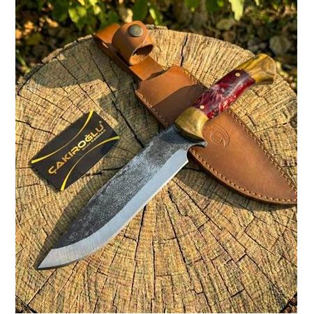 EL YAPIMI YERLİ ÜRETİM EPOKSİ HİBRİT KABZELİ ÖZEL DERİ KILIFLI AVCI AV KAMP BIÇAĞI KOD:CKR417-06