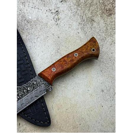 EL YAPIMI ÜST DÜZEY ÖZEL ÜRETİM GRAVÜR İŞLEMELİ DAMASCUS ÇELİK STABİLİZE AV KAMP BIÇAĞI KOD:CKR638