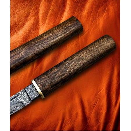 EL YAPIMI ÜST DÜZEY ŞAHESER DAMASCUS ÇELİK, KOMPLE ÖZEL KÖK CEVİZ AHŞAP DİZAYNLI KATANA (Wakizashi)