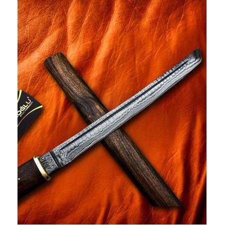 EL YAPIMI ÜST DÜZEY ŞAHESER DAMASCUS ÇELİK, KOMPLE ÖZEL KÖK CEVİZ AHŞAP DİZAYNLI KATANA (Wakizashi)
