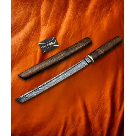 EL YAPIMI ÜST DÜZEY ŞAHESER DAMASCUS ÇELİK, KOMPLE ÖZEL KÖK CEVİZ AHŞAP DİZAYNLI KATANA (Wakizashi)