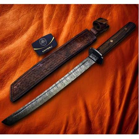 EL YAPIMI ÖZEL ÜST DÜZEY ŞAHESER DAMASCUS ÇELİK KÖK CEVİZ KABZELİ VE DERİ KILIFLI KATANA (Wakizashi)