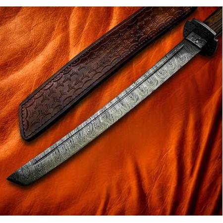 EL YAPIMI ÖZEL ÜST DÜZEY ŞAHESER DAMASCUS ÇELİK KÖK CEVİZ KABZELİ VE DERİ KILIFLI KATANA (Wakizashi)