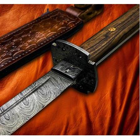 EL YAPIMI ÖZEL ÜST DÜZEY ŞAHESER DAMASCUS ÇELİK KÖK CEVİZ KABZELİ VE DERİ KILIFLI KATANA (Wakizashi)