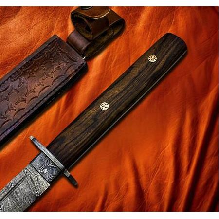 EL YAPIMI ÖZEL ÜST DÜZEY ŞAHESER DAMASCUS ÇELİK KÖK CEVİZ KABZELİ VE DERİ KILIFLI KATANA (Wakizashi)