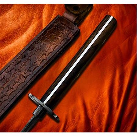 EL YAPIMI ÖZEL ÜST DÜZEY ŞAHESER DAMASCUS ÇELİK KÖK CEVİZ KABZELİ VE DERİ KILIFLI KATANA (Wakizashi)
