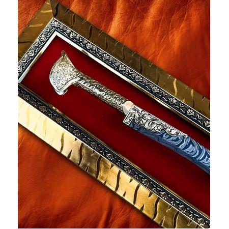 EL YAPIMI PREMİUM ÜST DÜZEY GOLD SERİSİ MIKNATISLI TABLOLU DAMASCUS ÇELİK YATAĞAN PALASI KOD:CKR653