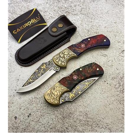 EL YAPIMI VİP ÖZEL ÜRETİM GRAVÜR ÜZERİ 24 AYAR ALTIN İŞLEMELİ N690 BÖHLER KAMP ÇAKISI KOD:CKR819-03