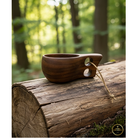 KAMPLARIN VAZGEÇİLMEZ PARÇASI, KOYU KÖK CEVİZ KABZELİ AHŞAP KUKSA BARDAK KOD:CKR718-02