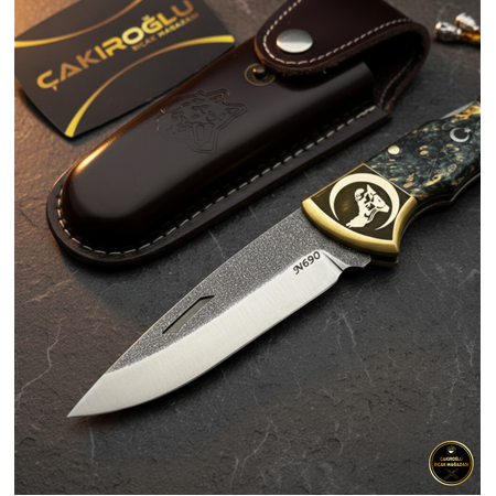 El Yapımı N690 Böhler, Kurt Ve Üç Hilal Balçaklı Kilit Mekanizmalı Büyük Boy Kamp Çakısı Ckr0850/64