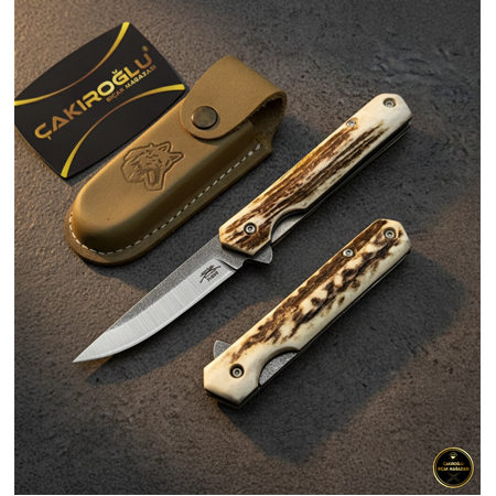 El Yapımı N690 Böhler Çelik Geyik Boynuzu Kabze, İçten Kilitli Beyfendi Av Kamp Çakısı