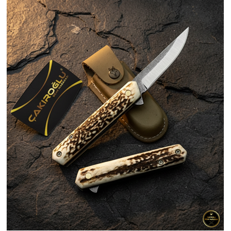 El Yapımı N690 Böhler Çelik Geyik Boynuzu Kabze, İçten Kilitli Beyfendi Av Kamp Çakısı