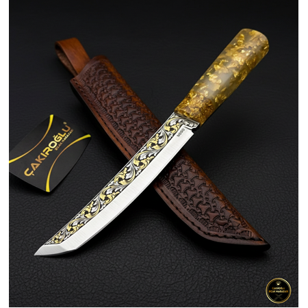 El Yapımı Özel Üretim 14 Ayar Altın İşlemeli N690 Böhler Altın Tozu Dolu Mika Kabze Tanto Av Bıçağı