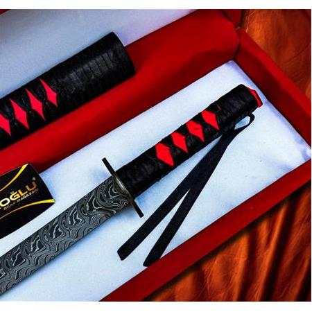 EL YAPIMI ÜST DÜZEY VİP ÖZEL ÜRETİM KUTULU DAMASCUS ÇELİK DERİ KIN’LI 45 CM KATANA KOD:CKR587-08