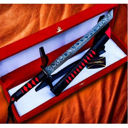 EL YAPIMI ÜST DÜZEY VİP ÖZEL ÜRETİM KUTULU DAMASCUS ÇELİK DERİ KIN’LI 45 CM KATANA KOD:CKR587-08